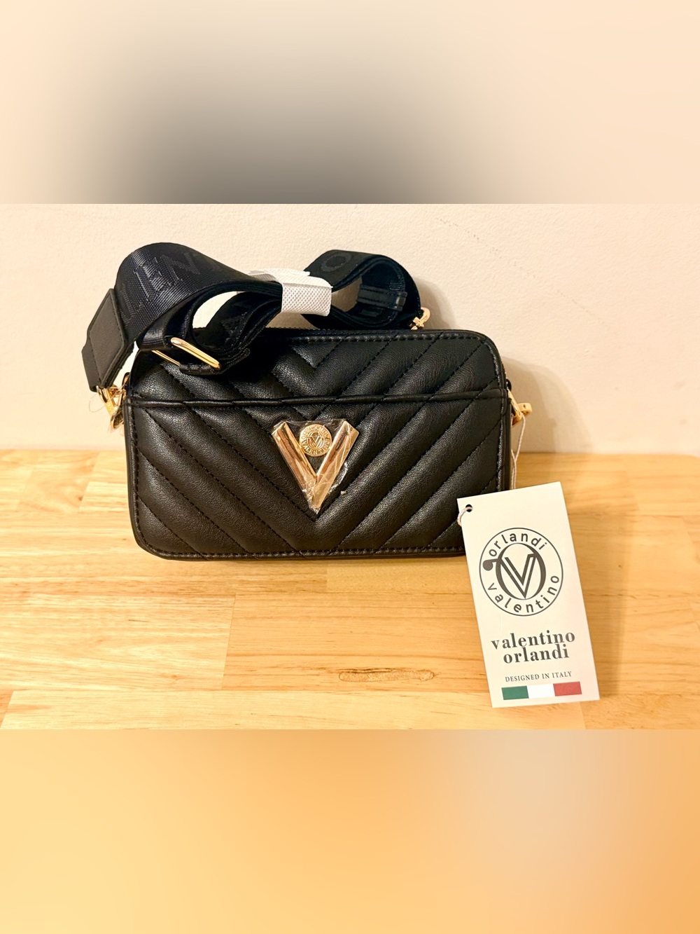 Valentino Orlandi Quilted Sarah Camera Bag Black Gold NWT
